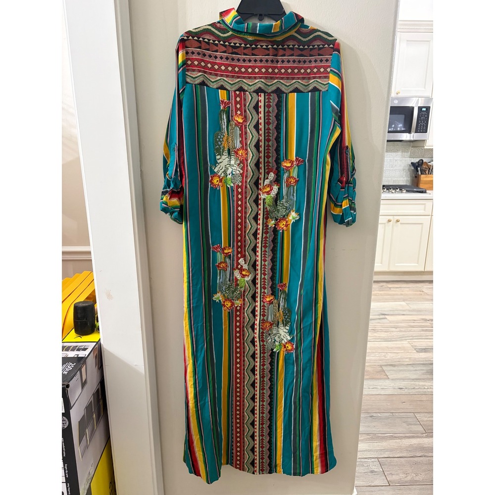 April Sky Embroidered Cactus Serape Stripe Maxi Shirt Dress Boho Western M - Picture 3 of 11